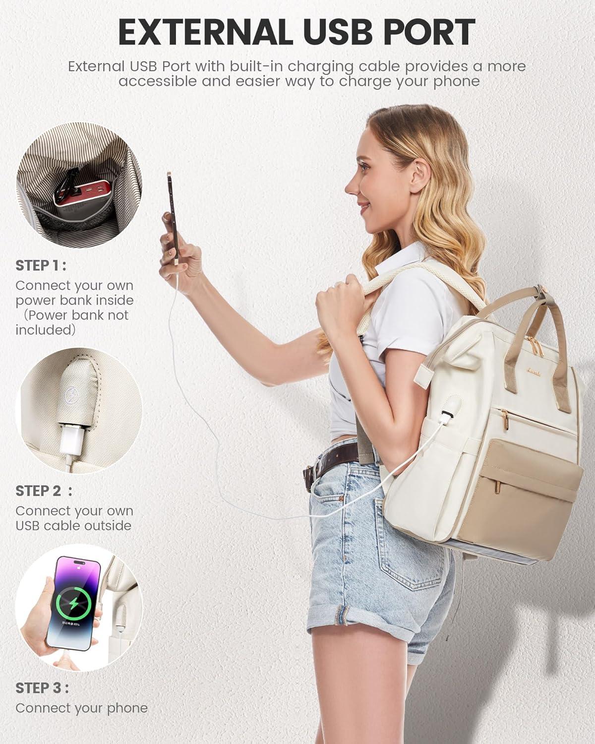 LOVEVOOK Damen Rucksack 15,6 Zoll Laptop Wasserdicht USB Ladeanschluss 20L Beige