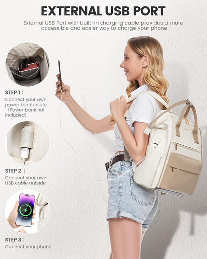 LOVEVOOK Damen Rucksack 15,6 Zoll Laptop Wasserdicht USB Ladeanschluss 20L Beige
