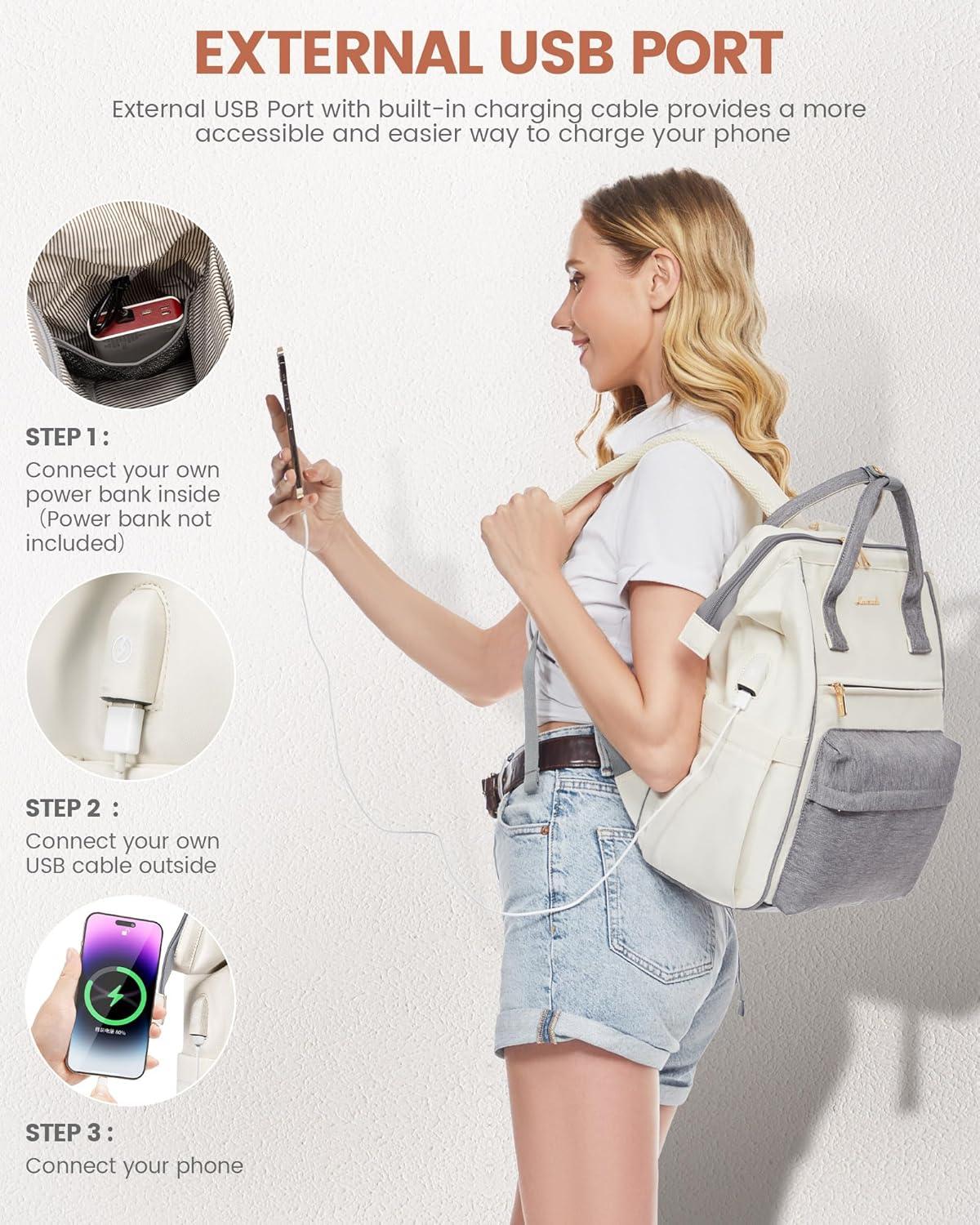 Laptop Rucksack 15,6 Zoll Damen Business Reise Handgepäck Grau Beige