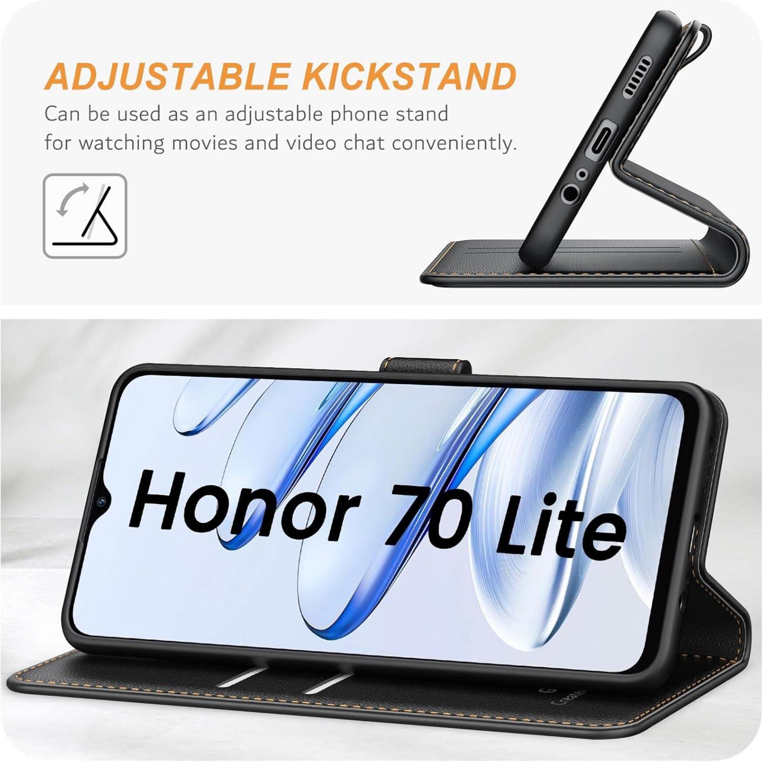 Ganbary Honor 70 Lite Handyhülle: Premium Leder Klapphülle, Kartenschlitzen, Magnetverschluss, Standfunktion - Schwarz