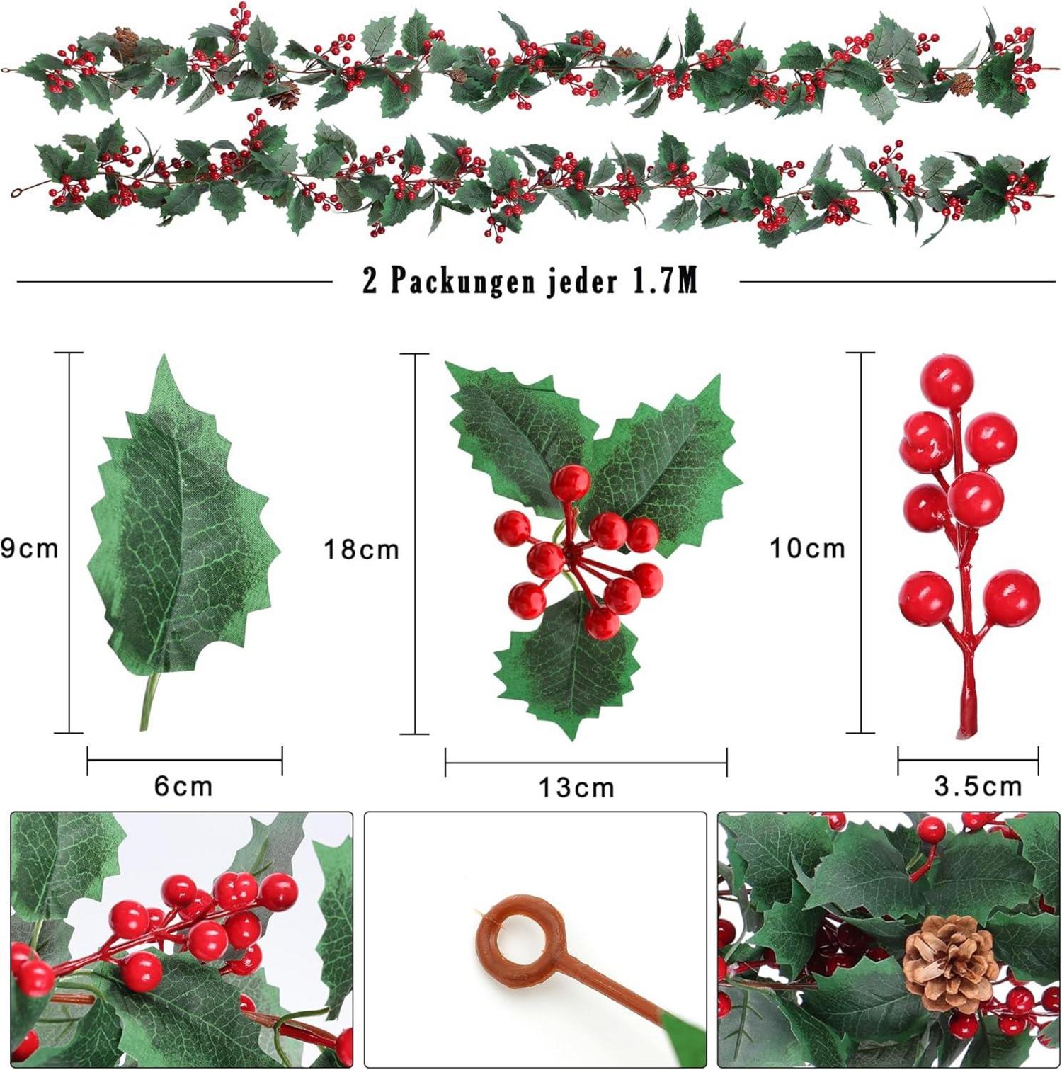2er Set Rote Beeren Weihnachtsgirlanden mit Tannenzapfen 1.7m