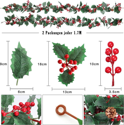 2er Set Rote Beeren Weihnachtsgirlanden mit Tannenzapfen 1.7m