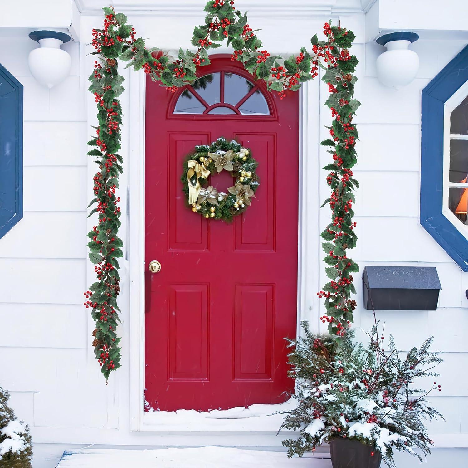 2er Pack Weihnachtsgirlande Rote Beeren Tannenzapfen Winter 1.7m