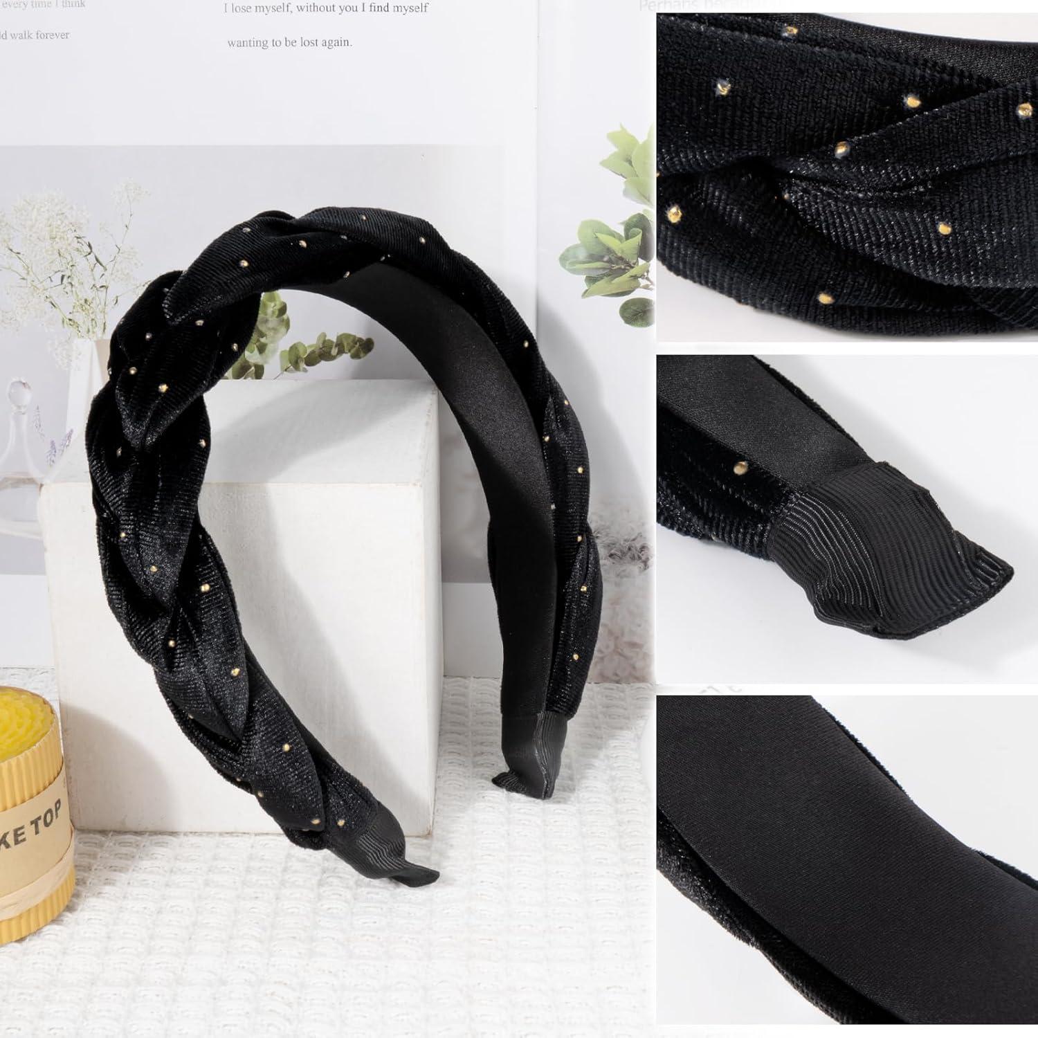 Schwarzes Samt Stirnband mit geflochtenem Polka-Dot-Muster