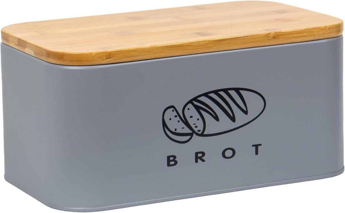 Brotkasten Metall Bambus Deckel Schneidebrett Aufbewahrung Grau 30cm
