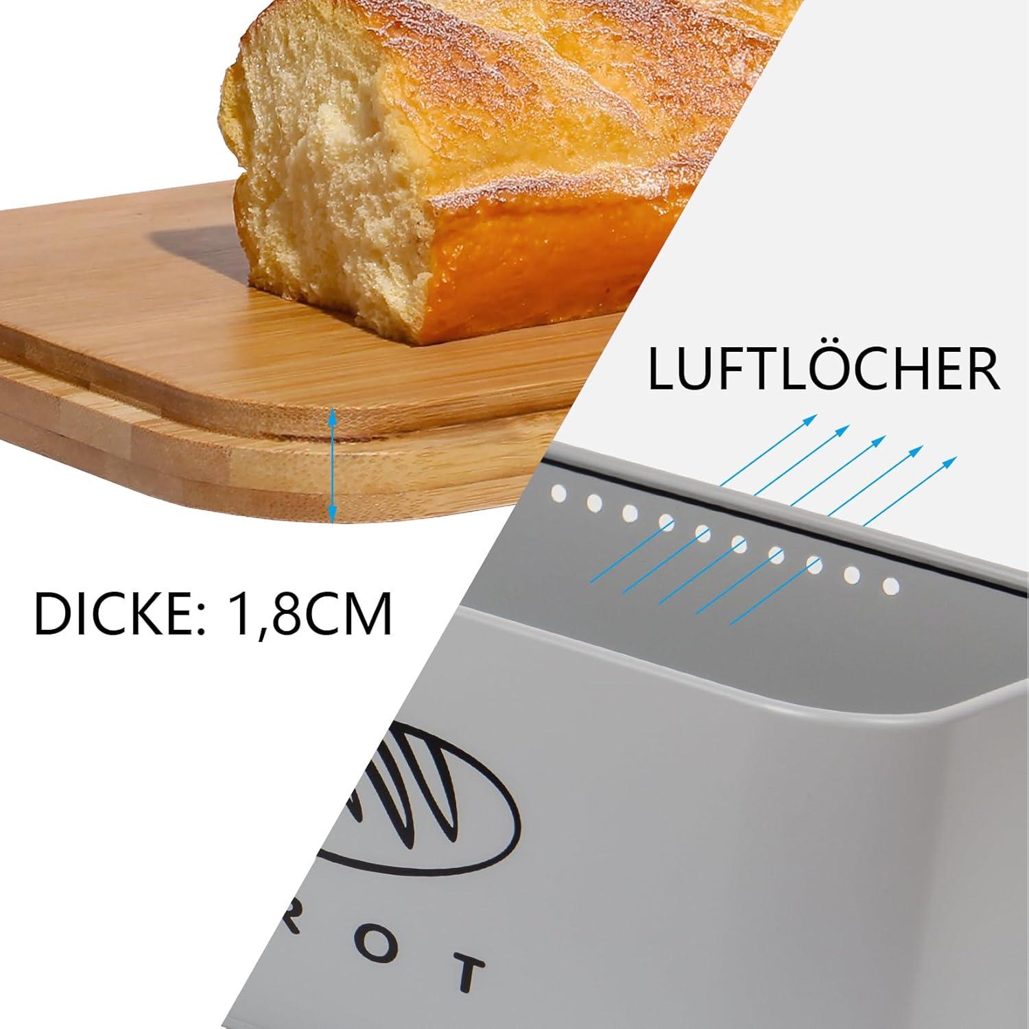 Brotkasten Metall Bambus Deckel Schneidebrett Aufbewahrung Grau 30cm