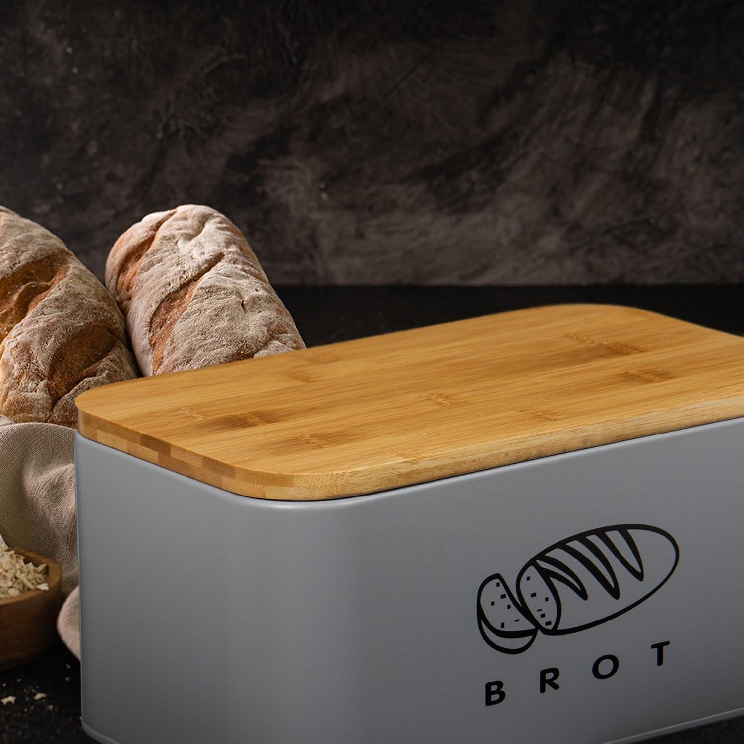 Brotkasten Metall mit Bambusdeckel 30cm Grau Küchen Aufbewahrung