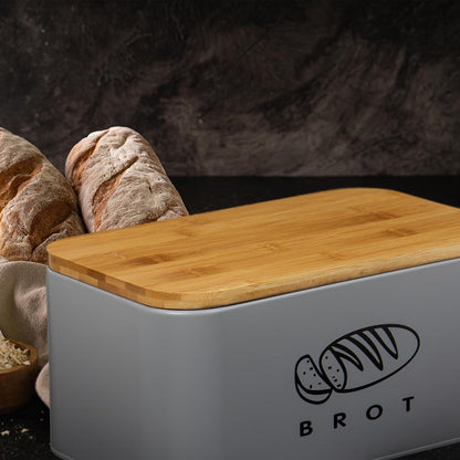 Brotkasten Metall mit Bambusdeckel 30cm Grau Küchen Aufbewahrung
