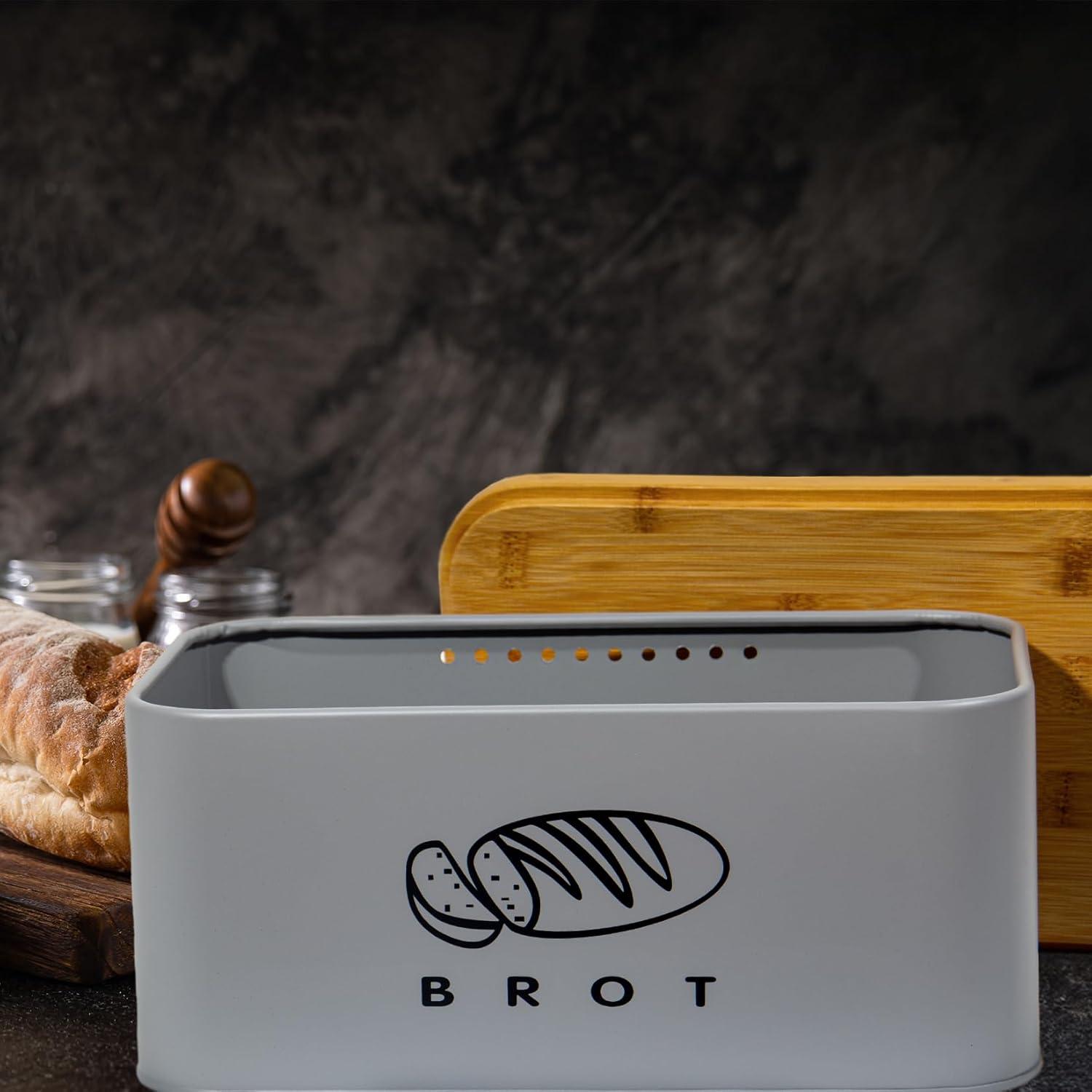 Brotkasten mit Bambusdeckel Metall Retro Grau 30cm * 18cm * 14cm