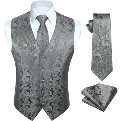 Herren Weste Krawatte Einstecktuch Set Grau L Jacquard Anzug Weste
