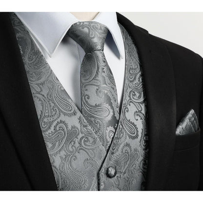 Herren Weste Krawatte Einstecktuch Set Grau L Jacquard Anzug Weste