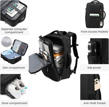 Handgepäck Rucksack 30-40l 17 Zoll Schwarz, mit Schuhfach, Business Reiserucksack