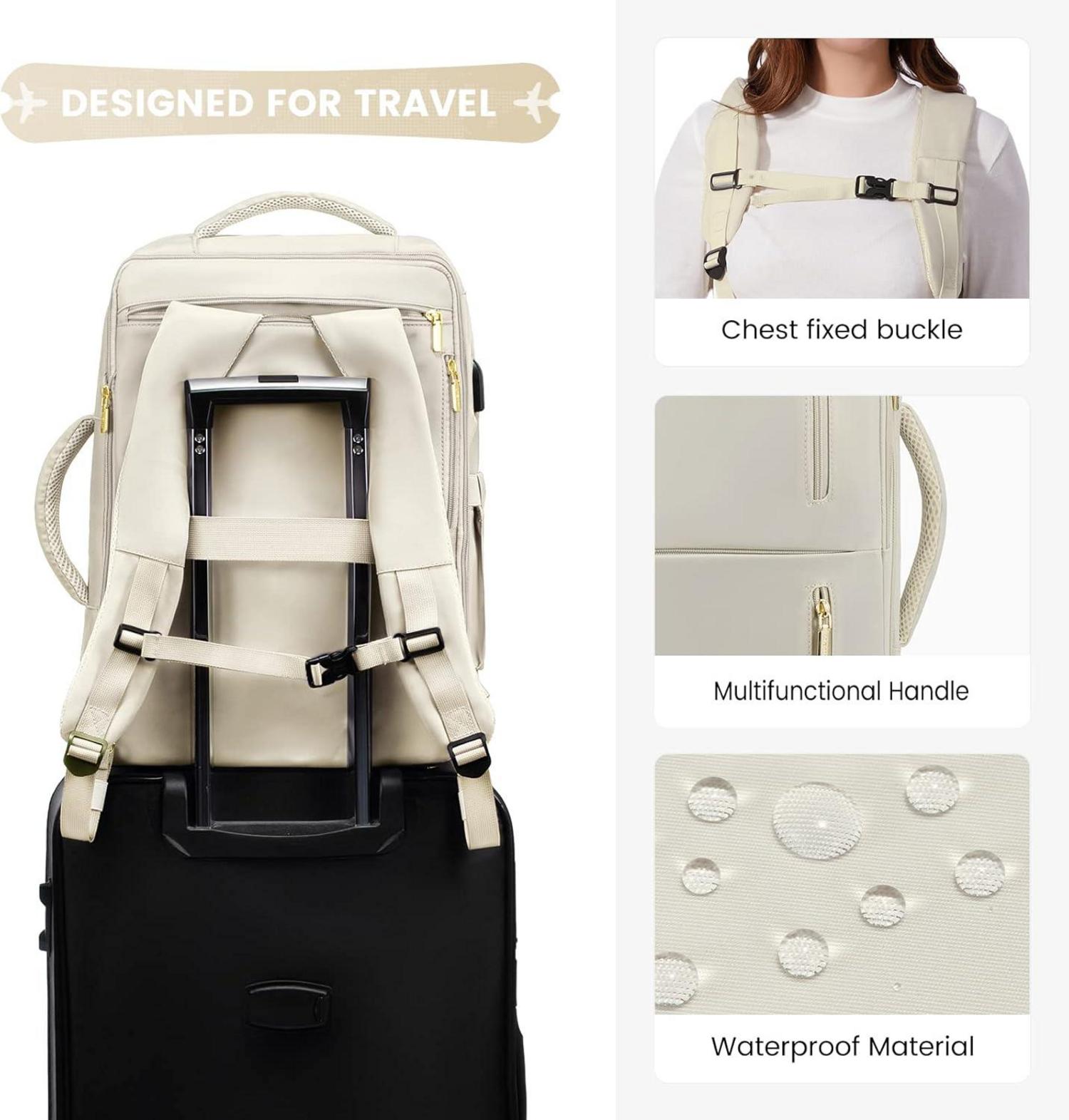 Großer Damen Rucksack mit Schuh- und Nassfach, 17 Zoll Laptopfach, 30-40l, Beige