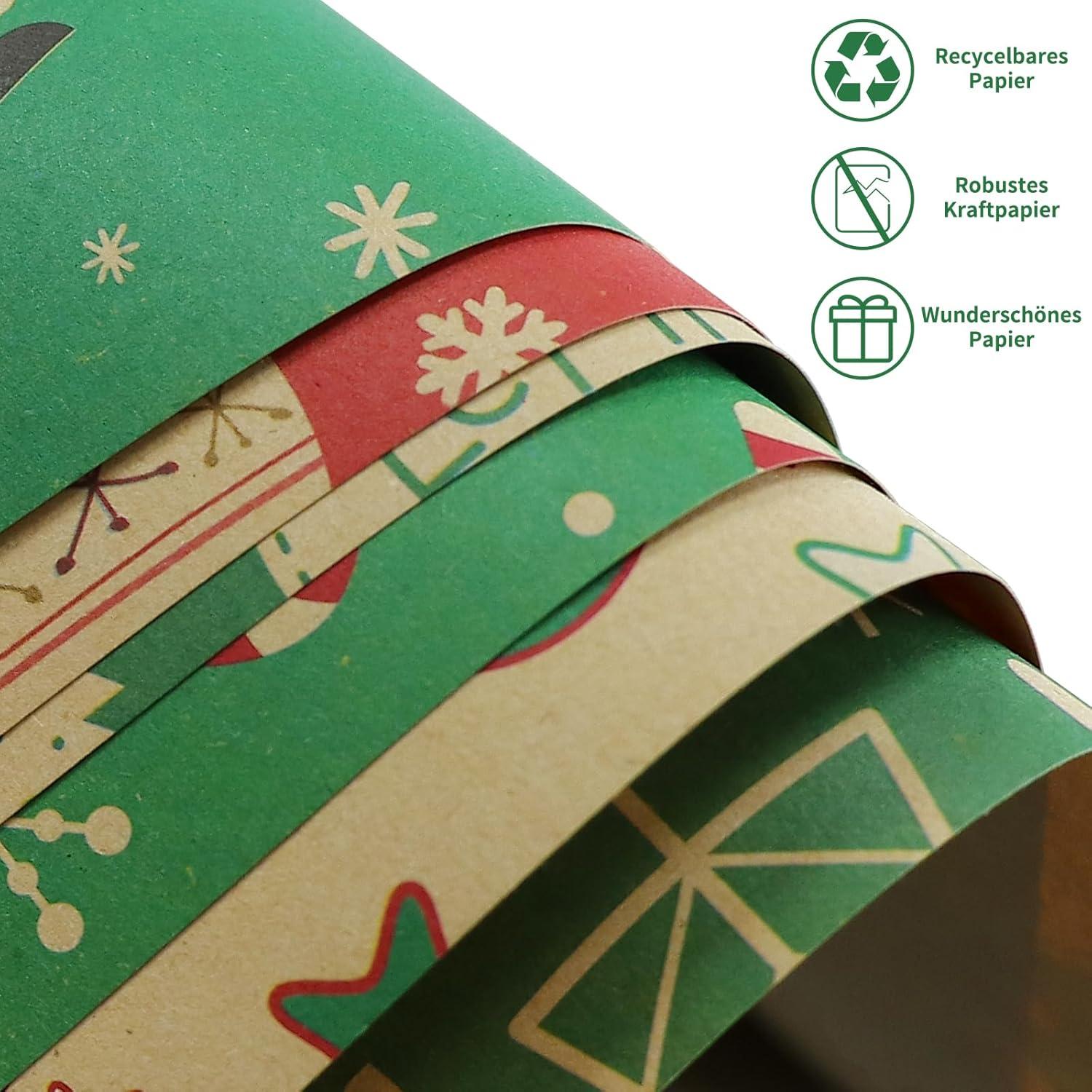 12 Blatt Weihnachtsgeschenkpapier Kraftpapier Set 70x50 cm