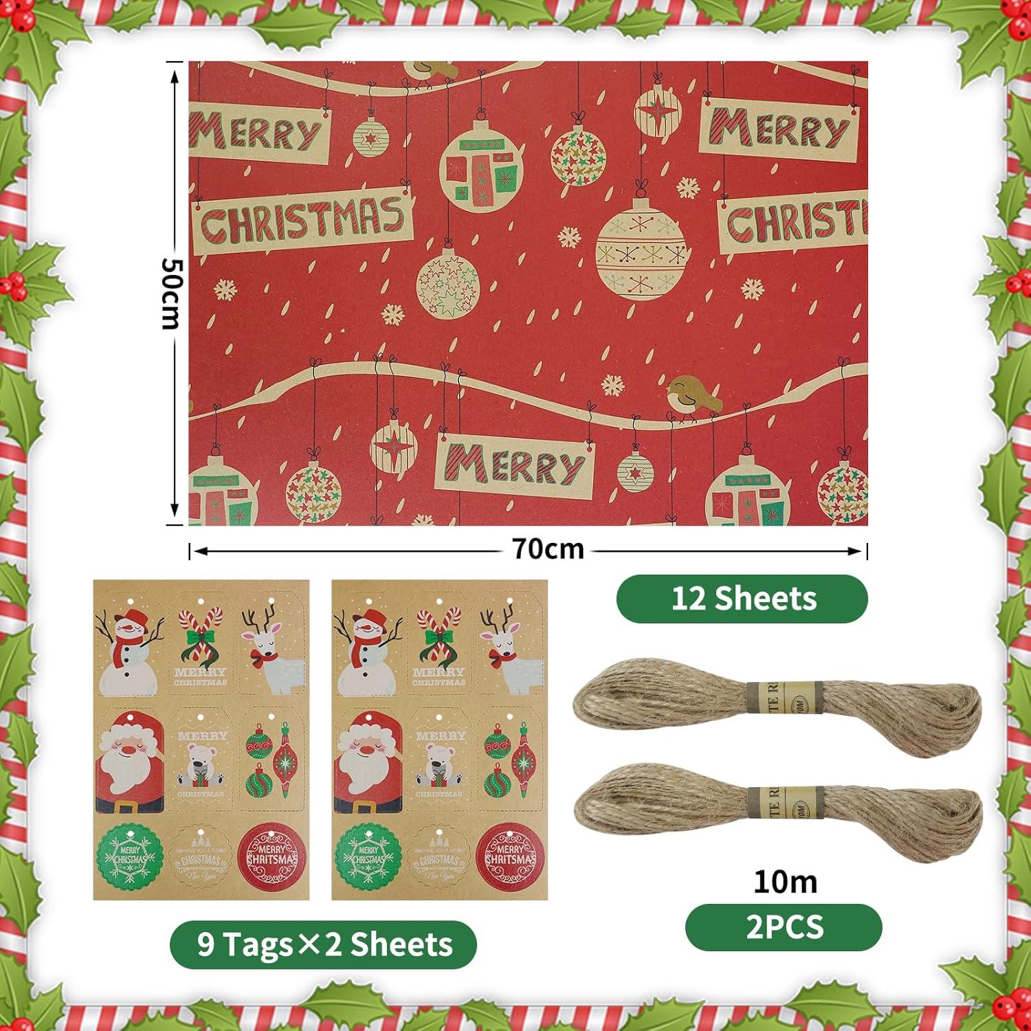 12 Blatt Weihnachts-Geschenkpapier-Set Kraftpapier 50 x 70 cm