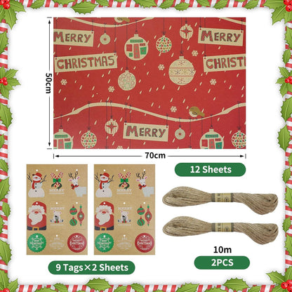 12 Blatt Weihnachts-Geschenkpapier-Set Kraftpapier 50 x 70 cm
