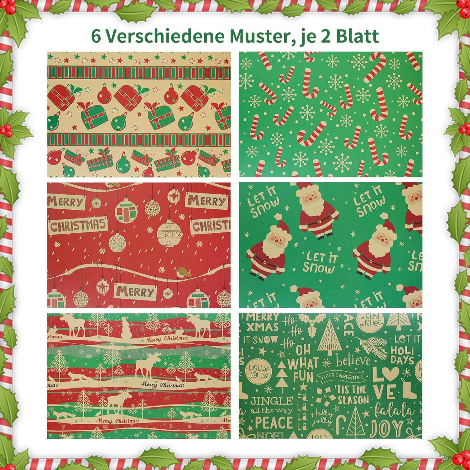 12 Blatt Weihnachten Geschenkpapier 100G Kraftpapier 6 Designs Festliche