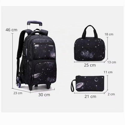 Schulrucksack Jungen Trolley Set mit Lunch Tasche & Federmäppchen (Blaue Galaxie)