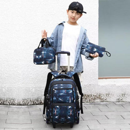 Schulrucksack Jungen Trolley Set mit Lunch Tasche & Federmäppchen (Blaue Galaxie)