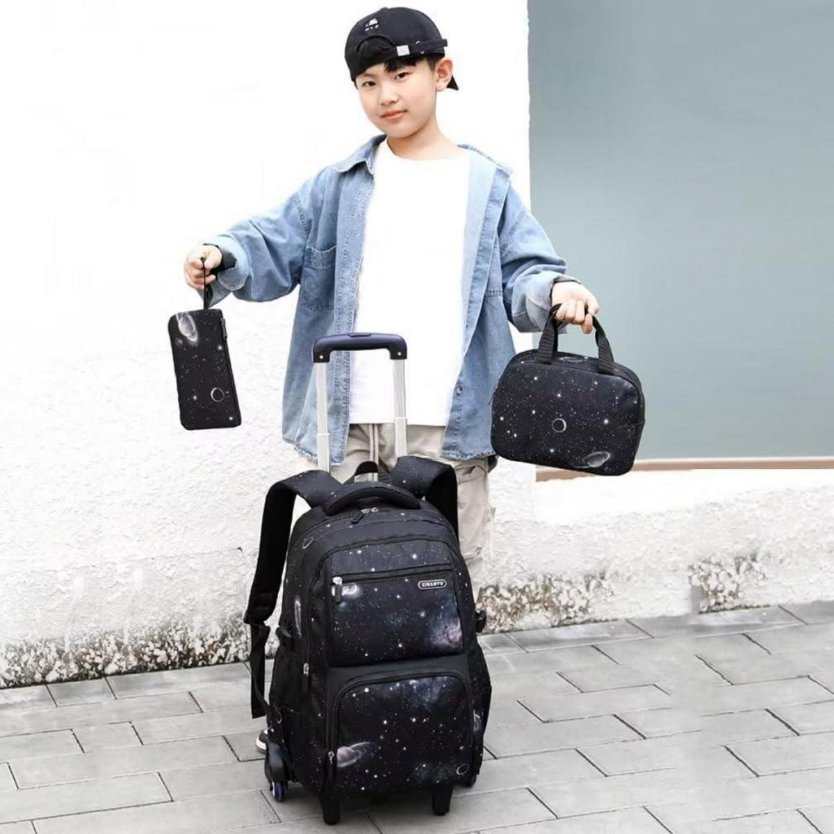 Schulrucksack Jungen Trolley Set mit Lunch Tasche & Federmäppchen Blauer Sternenhimmel