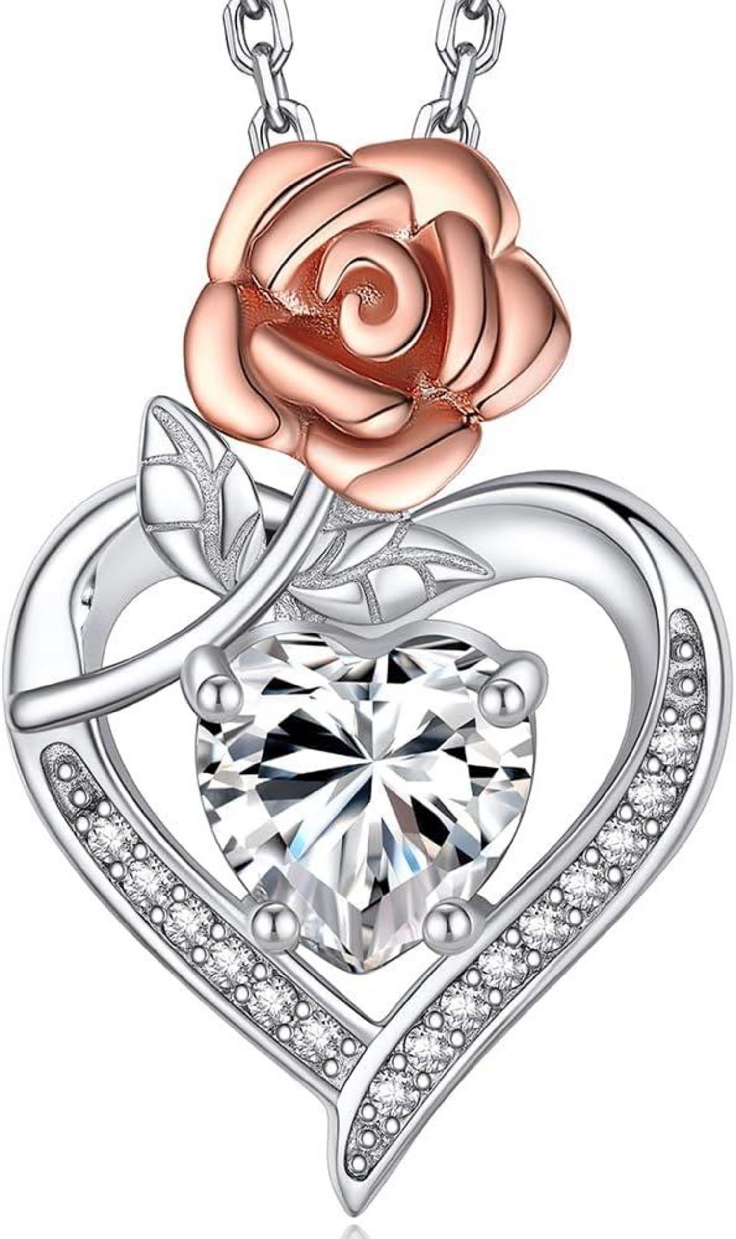 Moissanite Herz-Anhänger Halskette 925 Silber Herz-Rose Schmuckbox