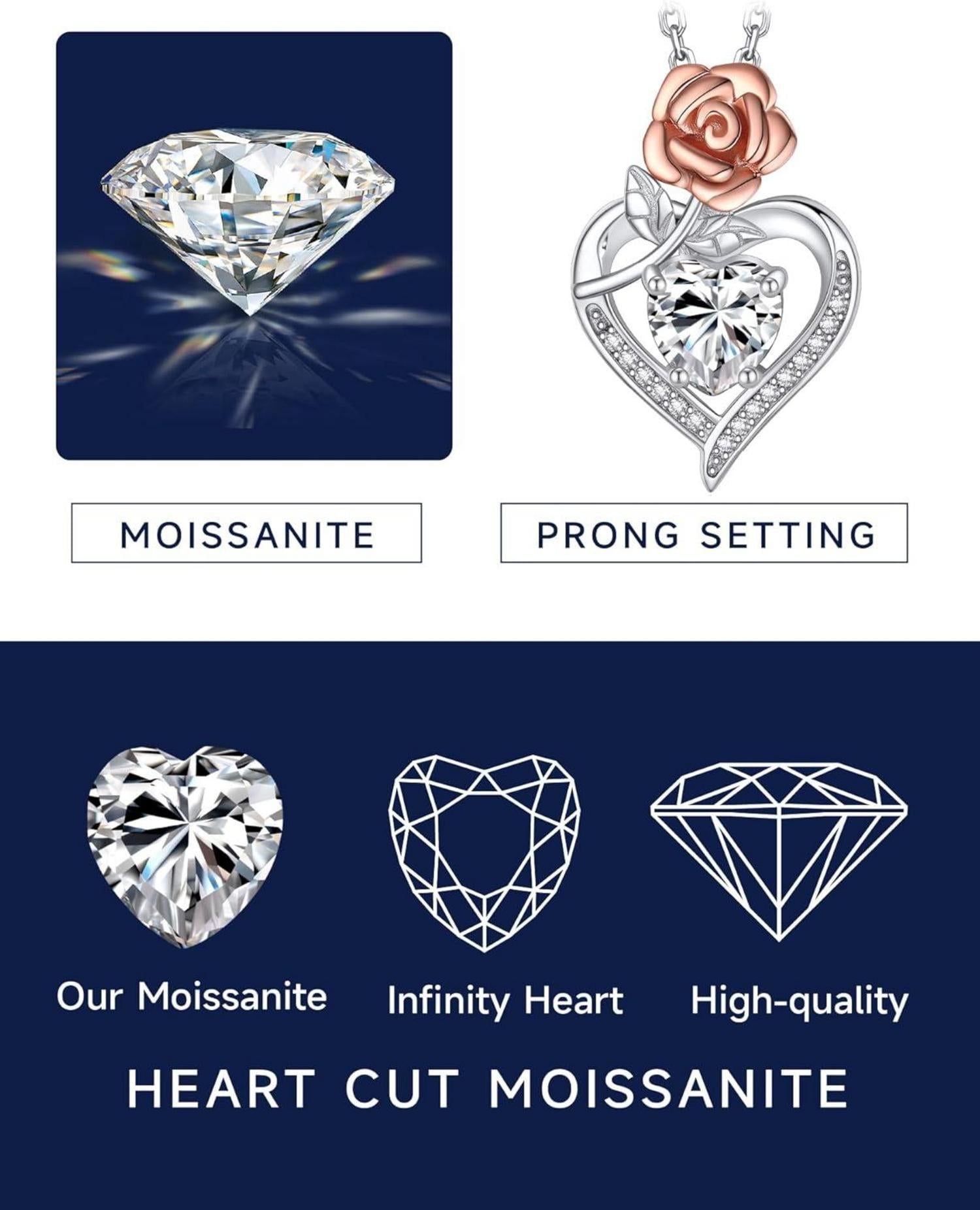 Damen Halskette 1 Karat Moissanite Herz Anhänger Silber 925 Rose Box