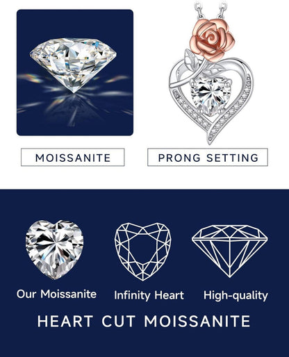 Damen Halskette 1 Karat Moissanite Herz Anhänger Silber 925 Rose Box