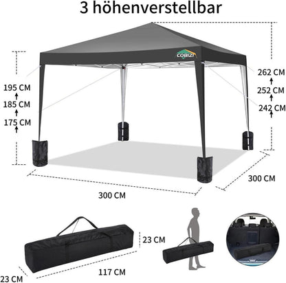 COBIZI Pavillon 3x3 wasserdicht UV-Schutz 50+ Faltpavillon mit Sandsäcken