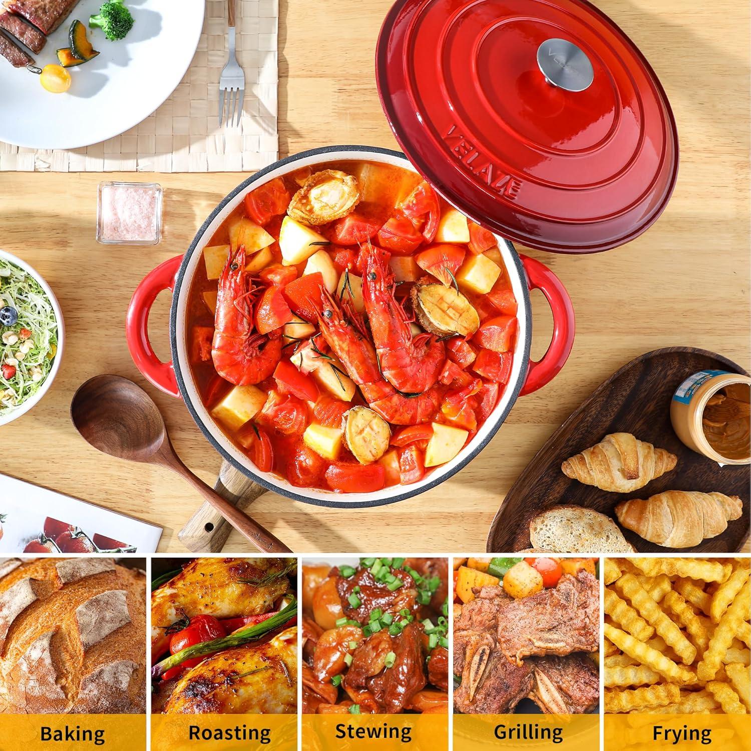 Gusseisen Bräter Emaille Topf 29cm Brotbackform Deckel Schmortopf Rot 6.5L