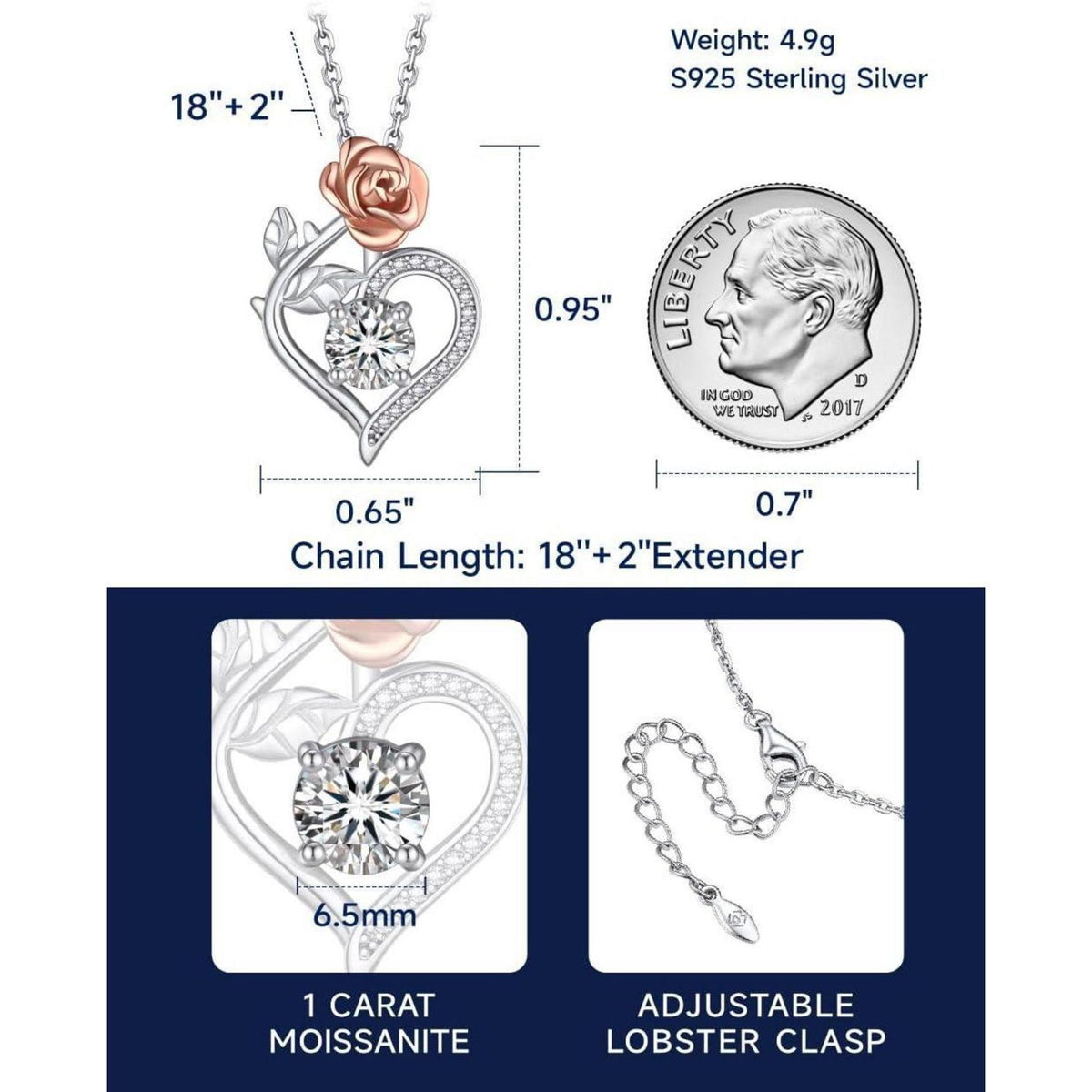 Halskette Damen Herz Moissanite 1 Karat Silber 925 Rosegold Geschenk