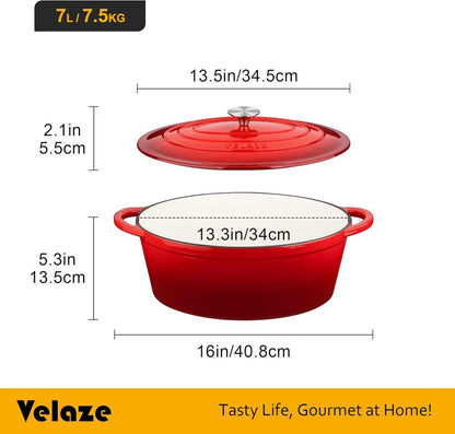 Velaze Gusseisen Bräter oval 34cm Deckel 7L Emaille Topf Rot