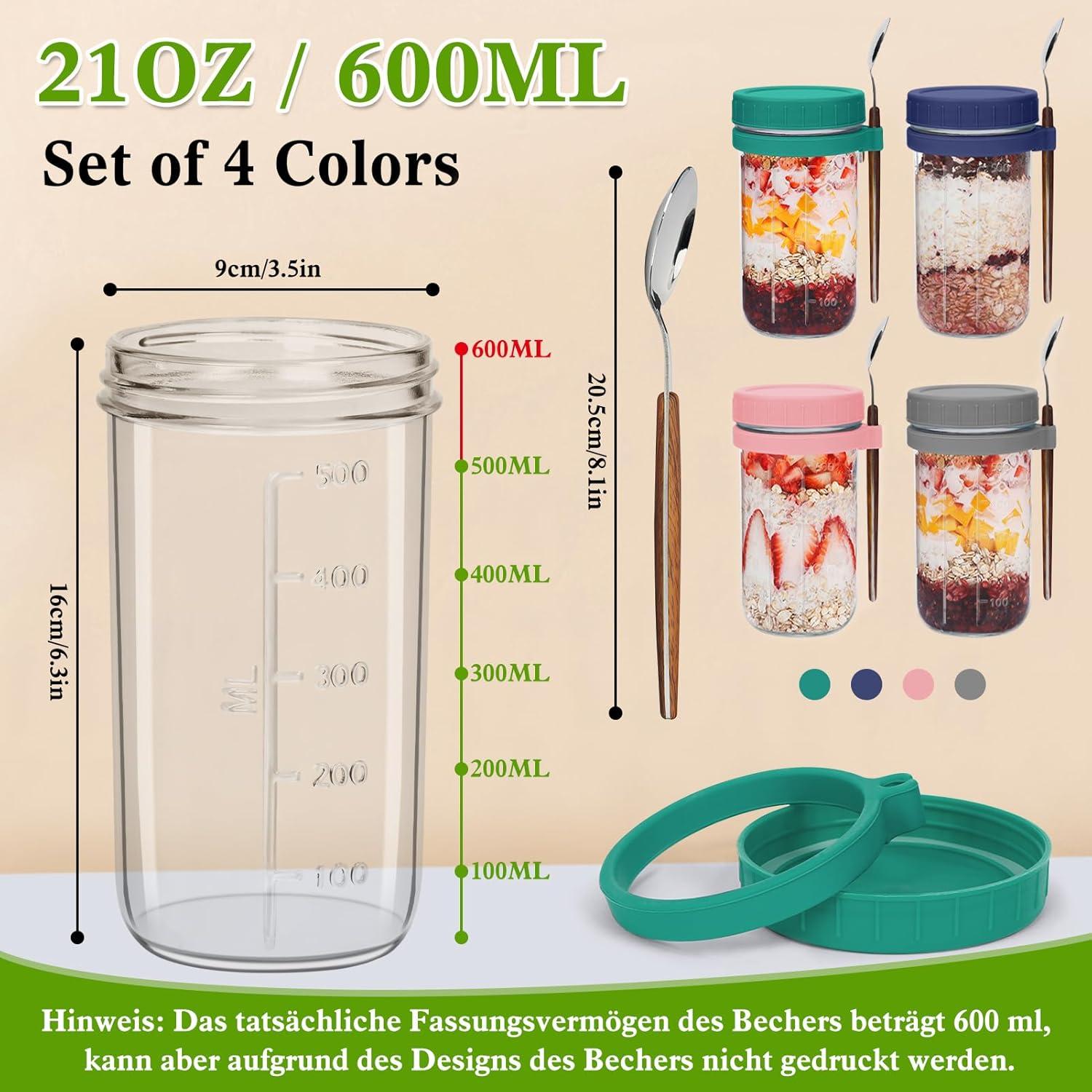 Glas Müslibecher to go mit Deckel und Löffel, 4er Set