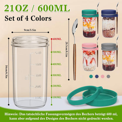 Glas Müslibecher to go mit Deckel und Löffel, 4er Set
