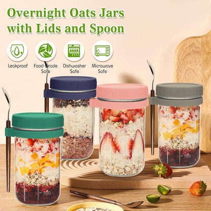 4er Set Glas Müslibecher to go mit Deckel und Löffel, 600ml - Salatbecher Overnight Oats, Porridge, Cornflakes