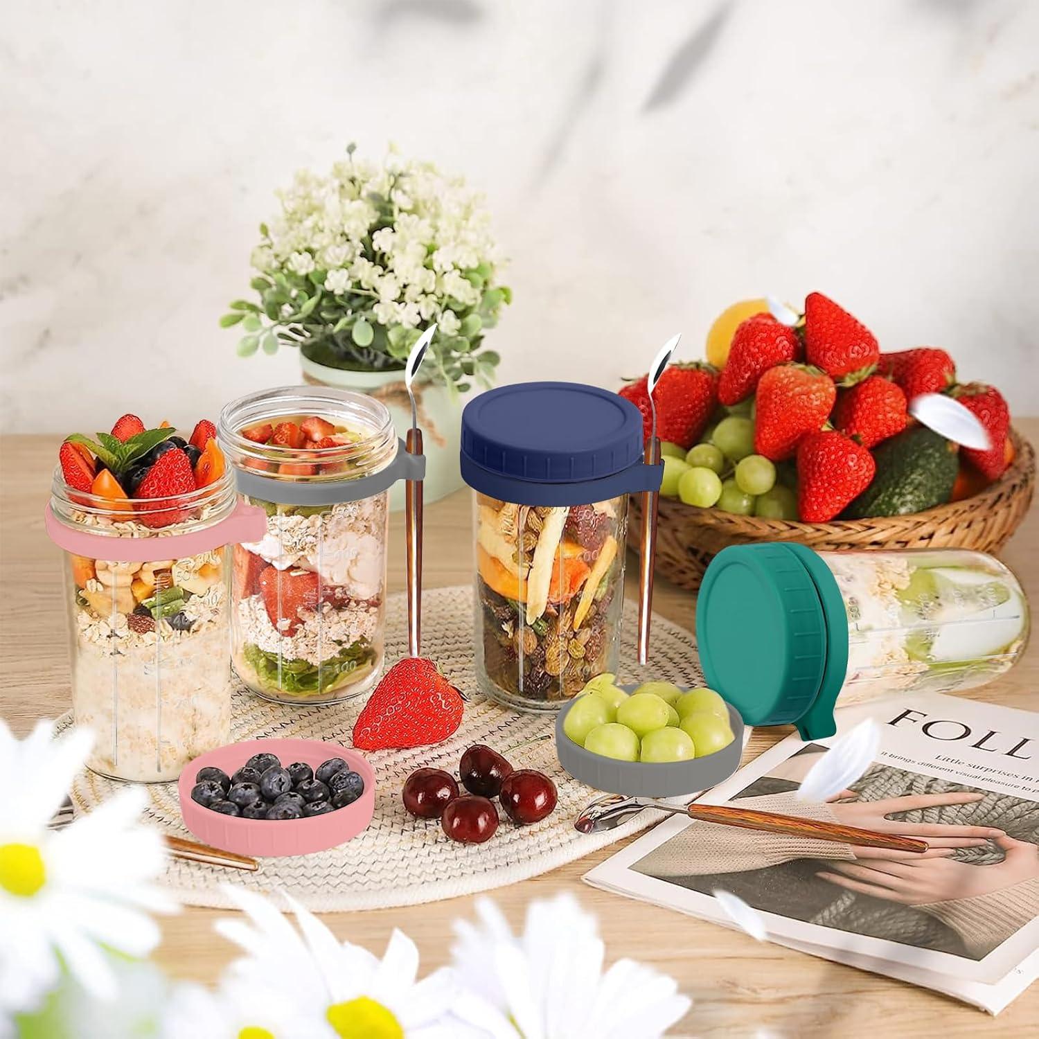 4er Set Glas Müslibecher to go mit Deckel und Löffel 600ml Einmachgläser