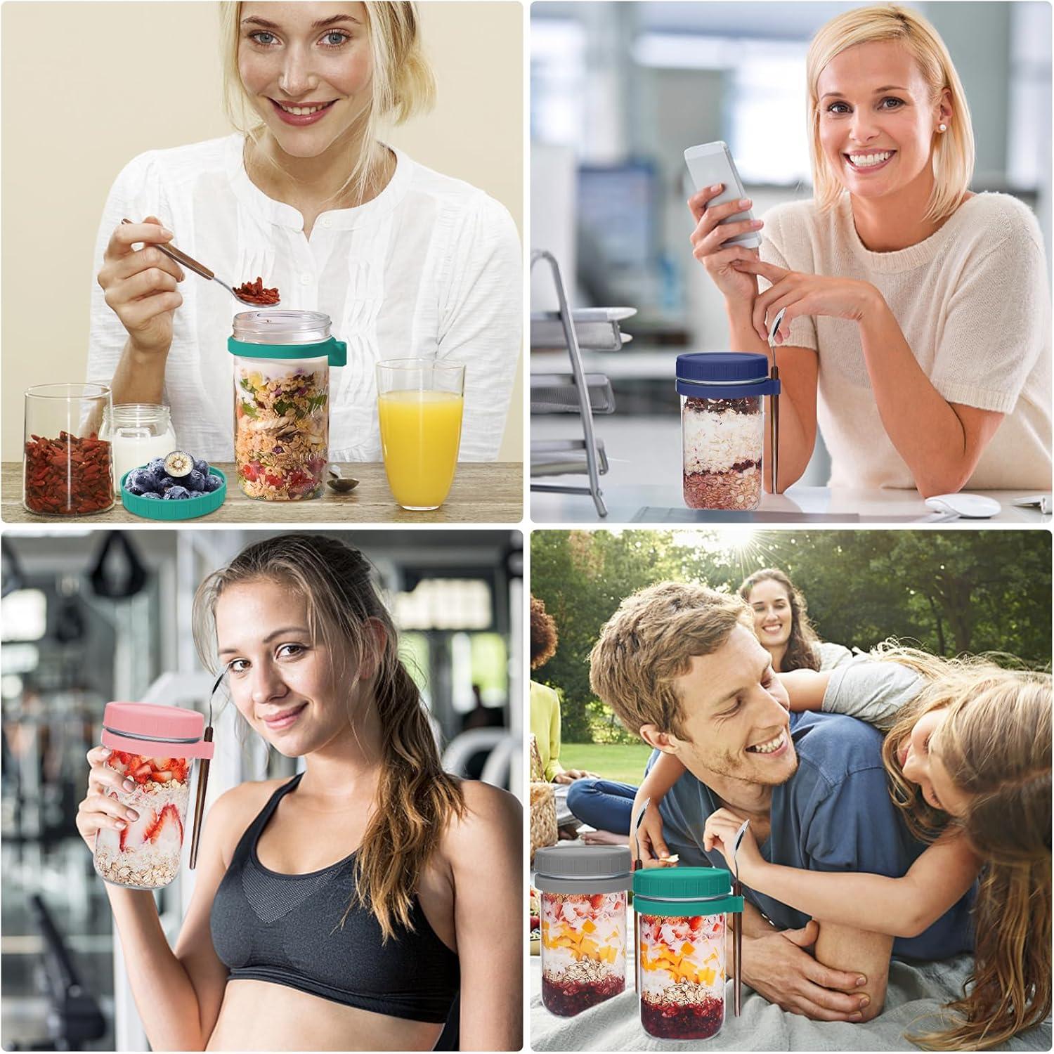 4er Set Glas Müslibecher to go mit Deckel und Löffel 600ml Einmachgläser