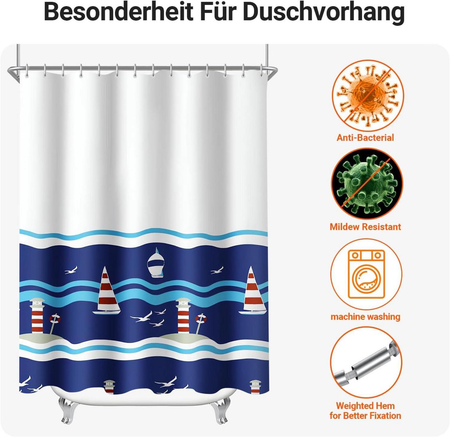 Duschvorhang 120x180cm Blaues Segel Textil Wasserabweisend Anti-Schimmel