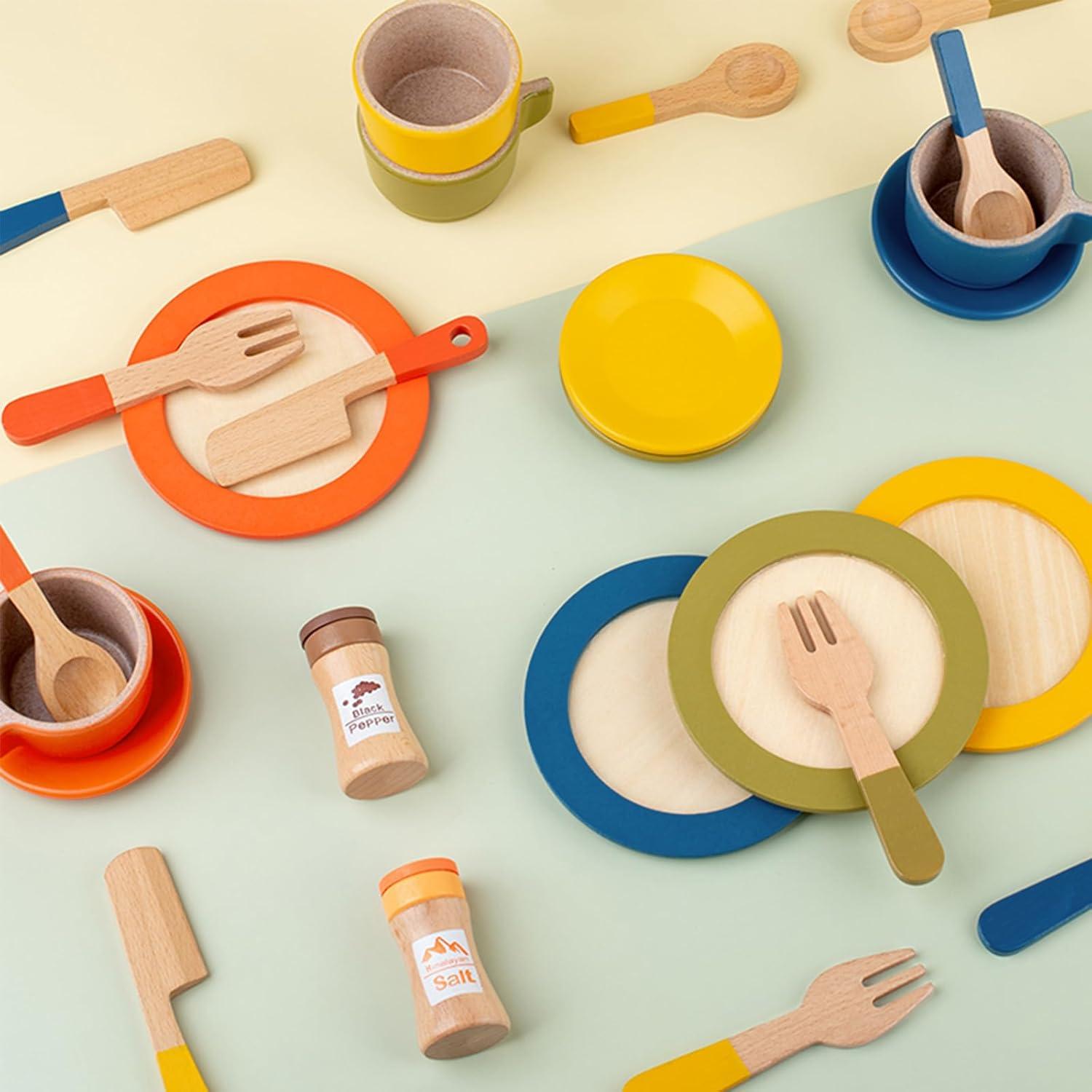 GAGAKU Kinder Holz Geschirrset Spielküche Zubehör 26-teilig