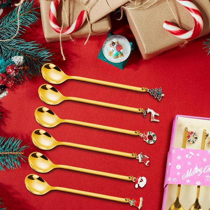 Weihnachtslöffel Set 6 Stück Edelstahl Geschenkbox Gold Weihnachtsanhänger