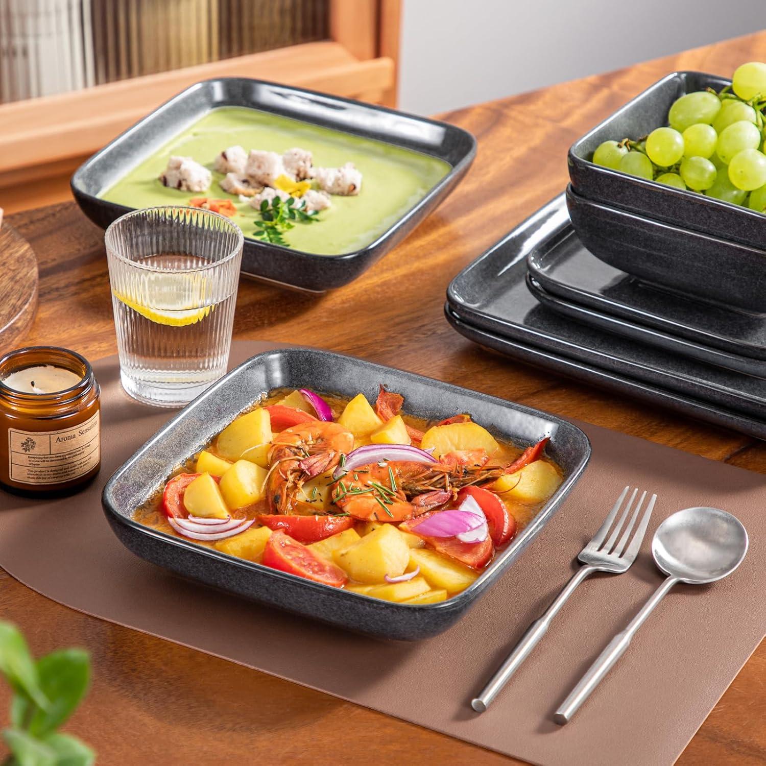 Tafelservice Steinzeug 16-teilig STERN Set quadratisch Grau