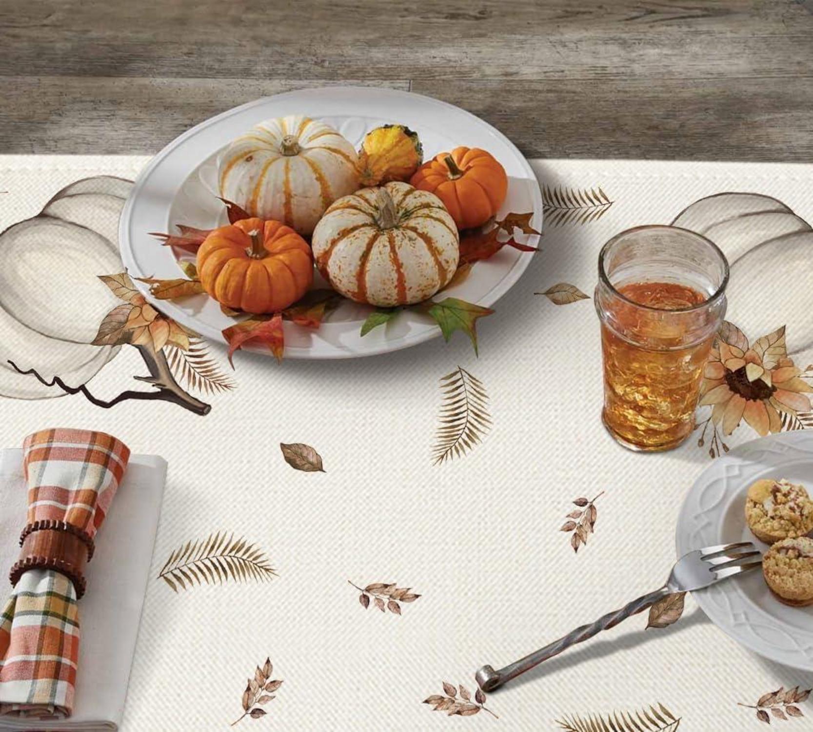 Streifen Kürbisse Blätter Herbst Tischdecke 85x85 cm Beige