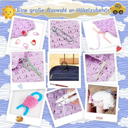 Häkelset für Anfänger - 15 Wolle, Häkelnadeln, Zubehör, Tasche