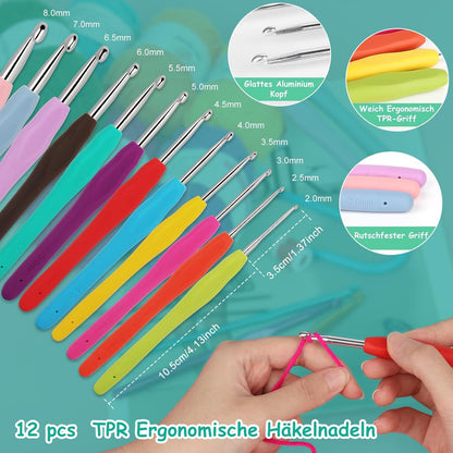 Aeeque 101 PCS Häkelset mit Wolle in Schwarz, Komplettes Häkelset für Anfänger