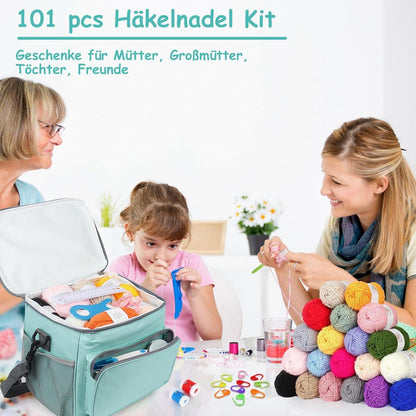 101-teiliges Häkelset für Anfänger mit Wolle und Multifunktionstasche