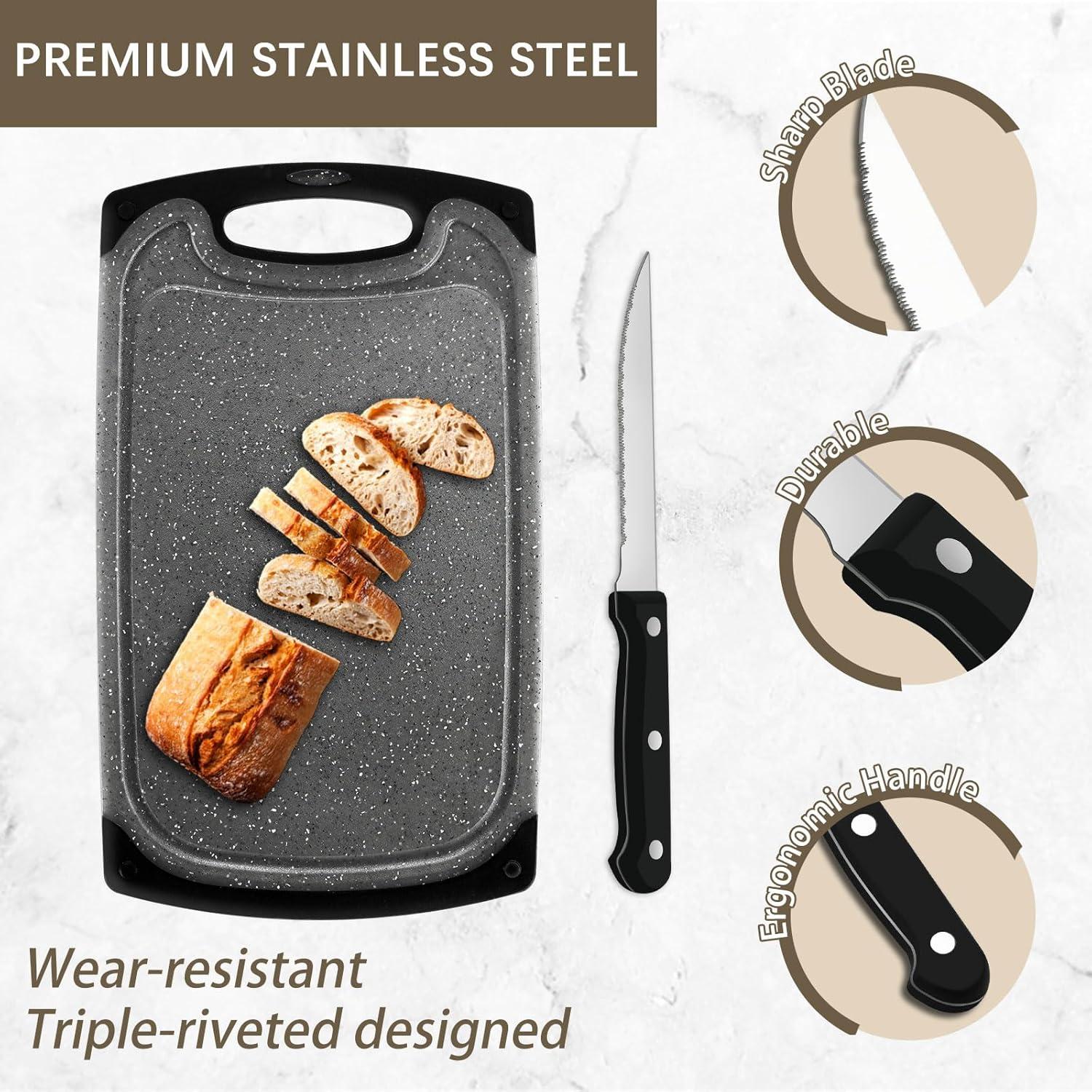 Frühstücksbrettchen Set mit Steakmessern 25x15cm Dunkelgrau Kunststoff BPA-frei Rutschfest Saftrille Spülmaschinenfest