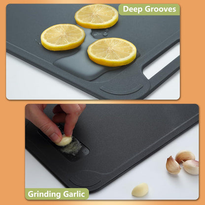 Kunststoff-Schneidebrett Set 4er mit DIY-Aufkleber, Saftrille, Aufhängeloch, antibakteriell