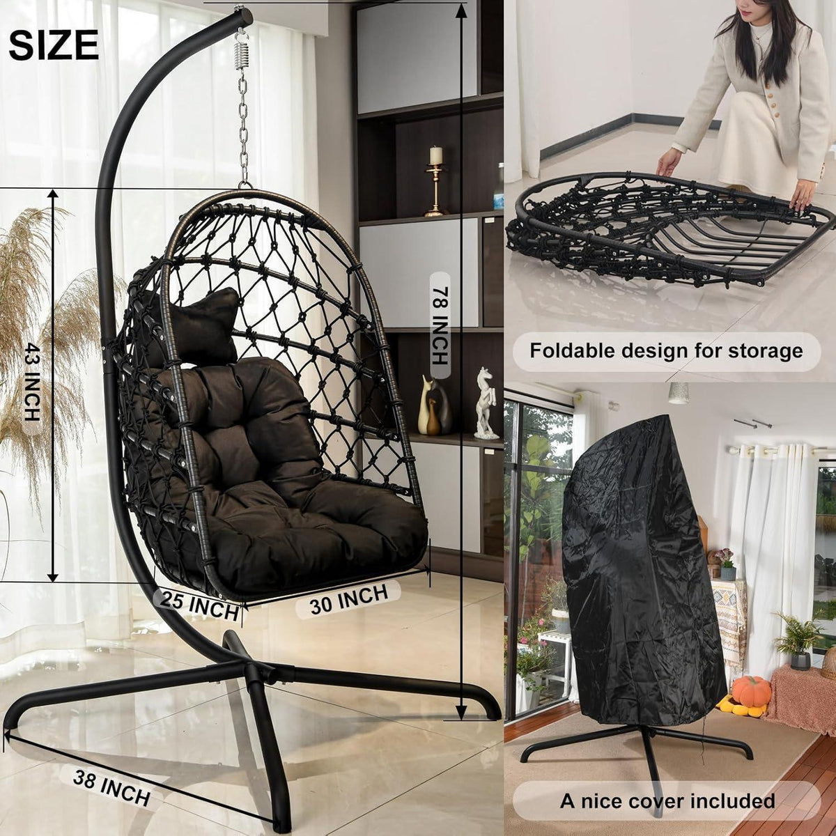 Hängesessel Polyrattan Outdoor Indoor mit Gestell & Kissen