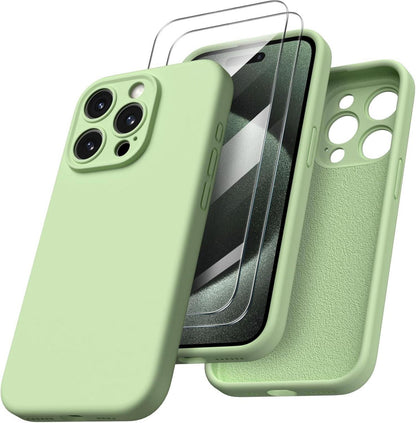 iPhone 15 Pro Max Hülle flüssiges Silikon Kameraschutz 2 Schutzfolien