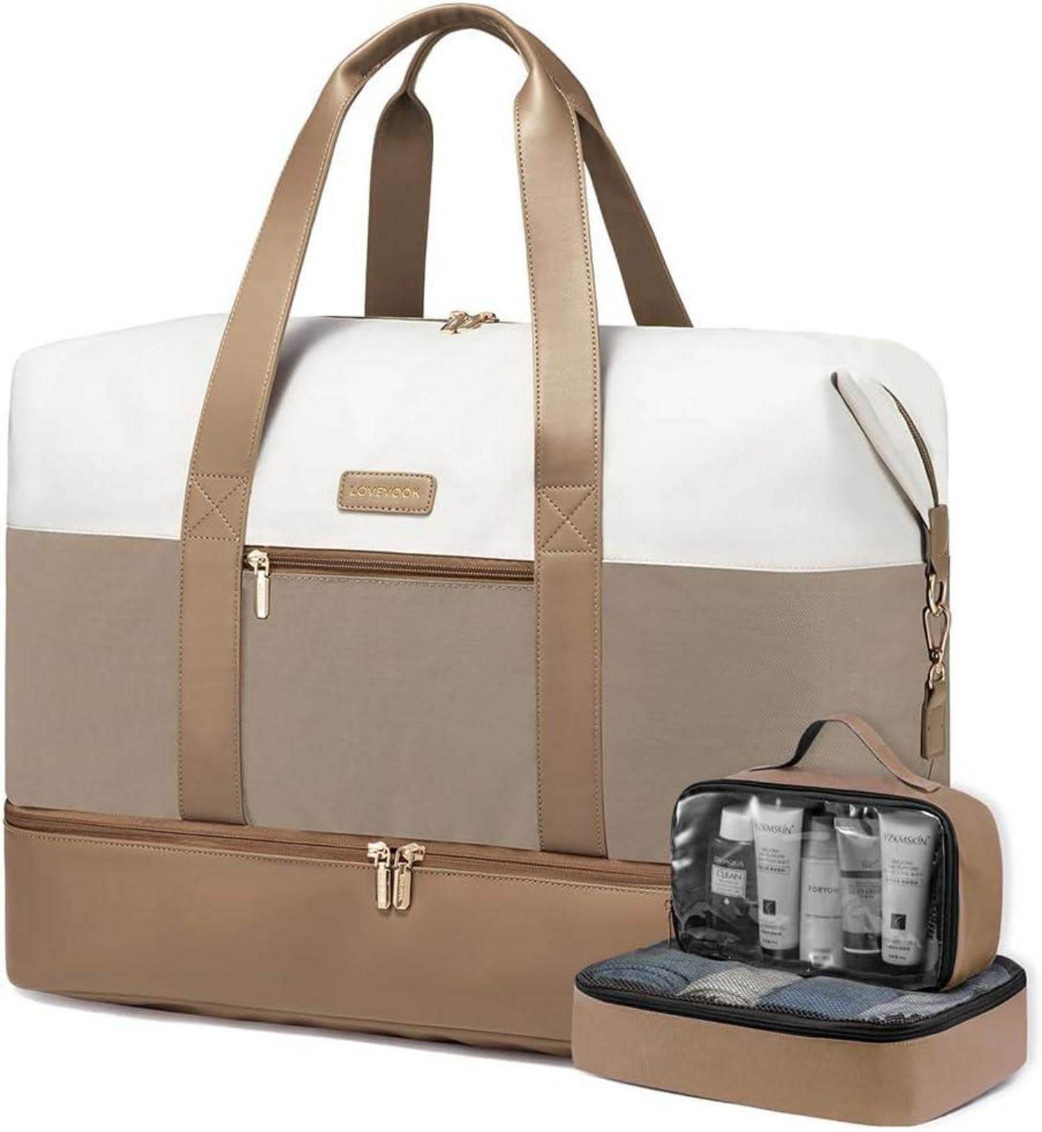 Weekender Bag für Flugzeug Reisen mit Schuhfach in Beige Khaki