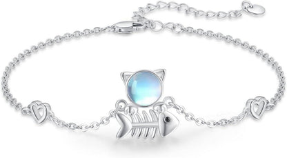 925 Sterling Silber Mondstein Katzen Fischgräten Armband 7 Zoll + 2